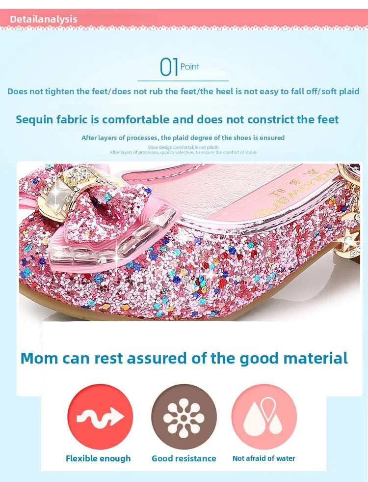 Bow-Accent Glitter Mary Jane Shoes for Girls with Buckled Strap and Block Heel, Sparkling Princess Dress Shoes for Parties and Weddings