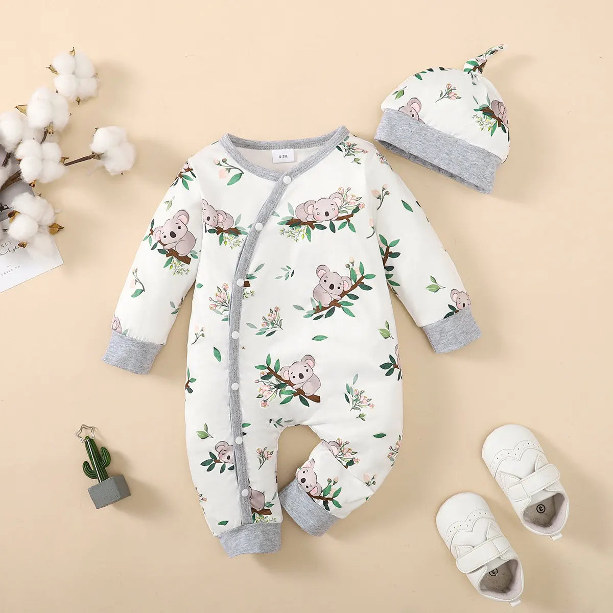 Bear Print Infant Romper with Long Sleeves and Front Fastenings, Contrast Trim and Footless Cuffs for Everyday Baby Outfits, Sizes 1-18 Months