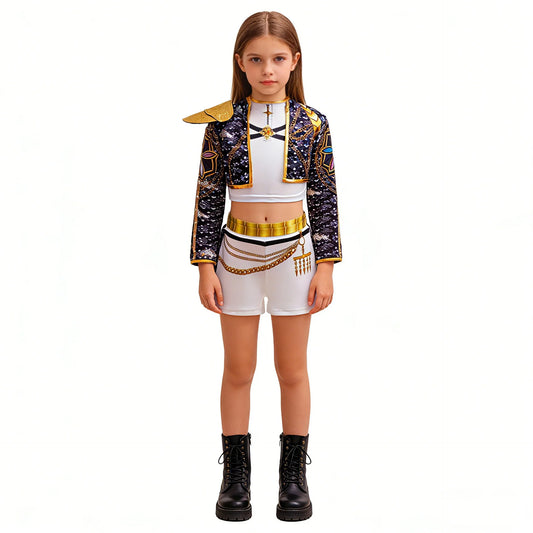 Girls Urban Dance Costume Set with Crop Top, Jacket and Skirt or Shorts, Hip Hop and Majorette Styles for Recitals, Competitions and Stage Shows