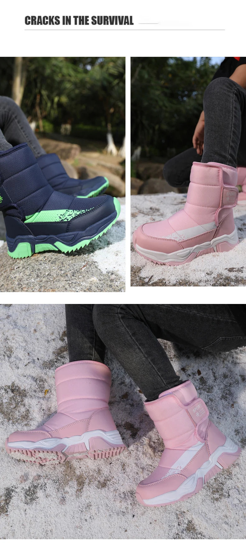 High-Top Kids Snow Boots with Hook-and-Loop Side Straps, Padded Shafts and Chunky Tread Soles for Winter Outings, Chinese Sizes 31-42