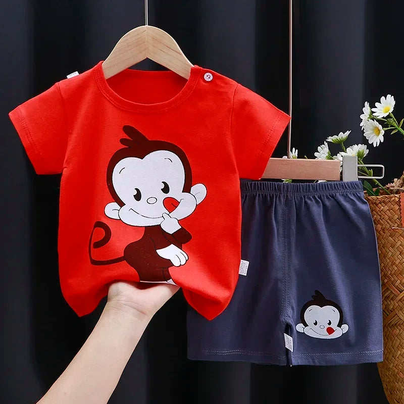 Toddler Cotton Shorts Set with Cartoon Print T-Shirt and Elastic Waist, Two-Piece Casual Baby Outfit in Contrast Colors for Everyday Summer Wear