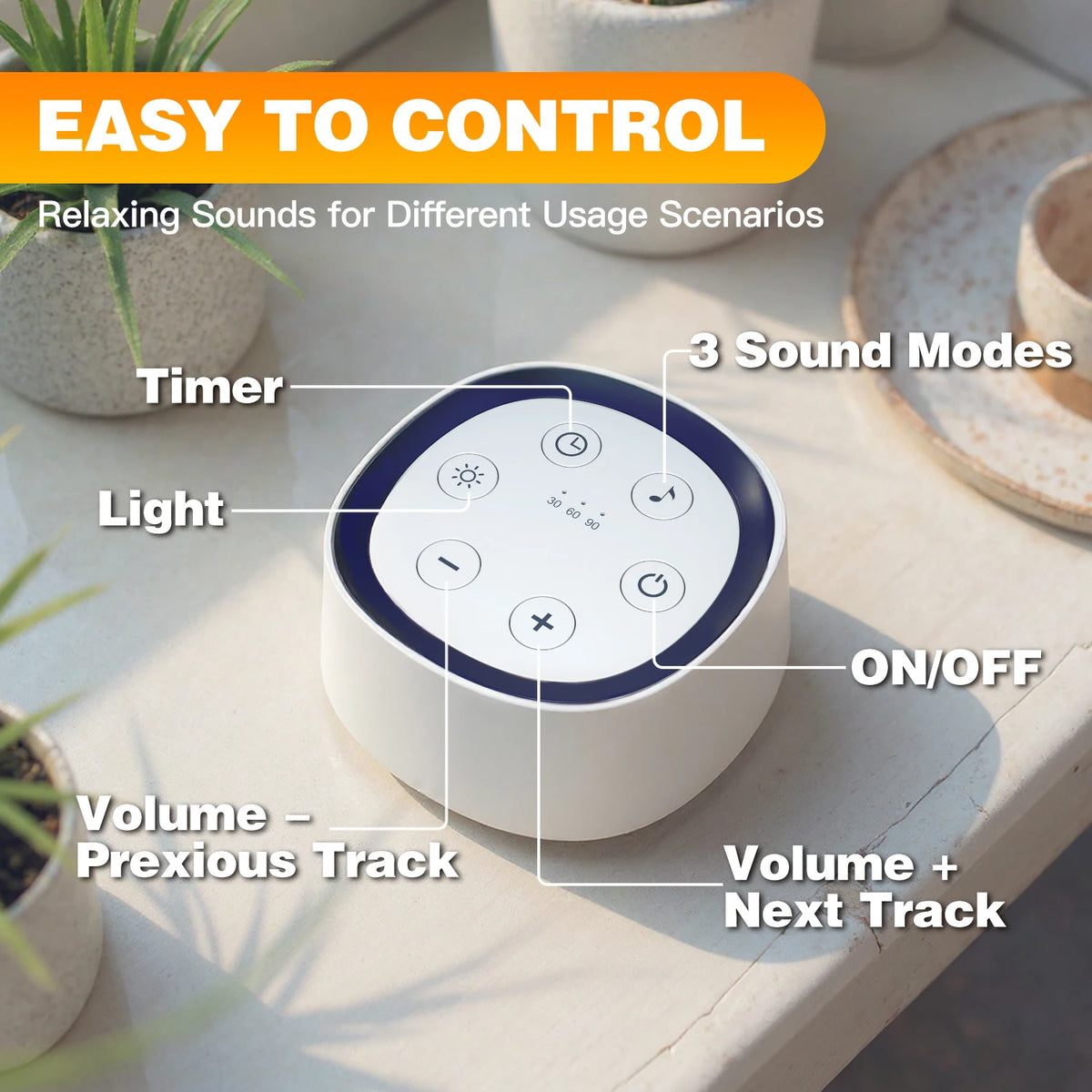 24-Sound White Noise Machine with Warm Breathing Night Light, 30/60/90-Minute Auto-Off Timer and USB Rechargeable Design for Nursery and Travel