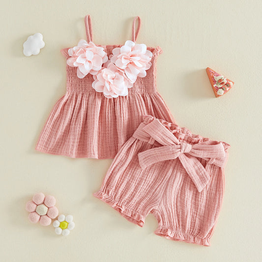 Toddler Girl Summer Shorts Set with 3D Flower Smocked Sleeveless Top and Elastic Waist Bloomers, Cotton Blend Outfit for Ages 12 Months–5 Years
