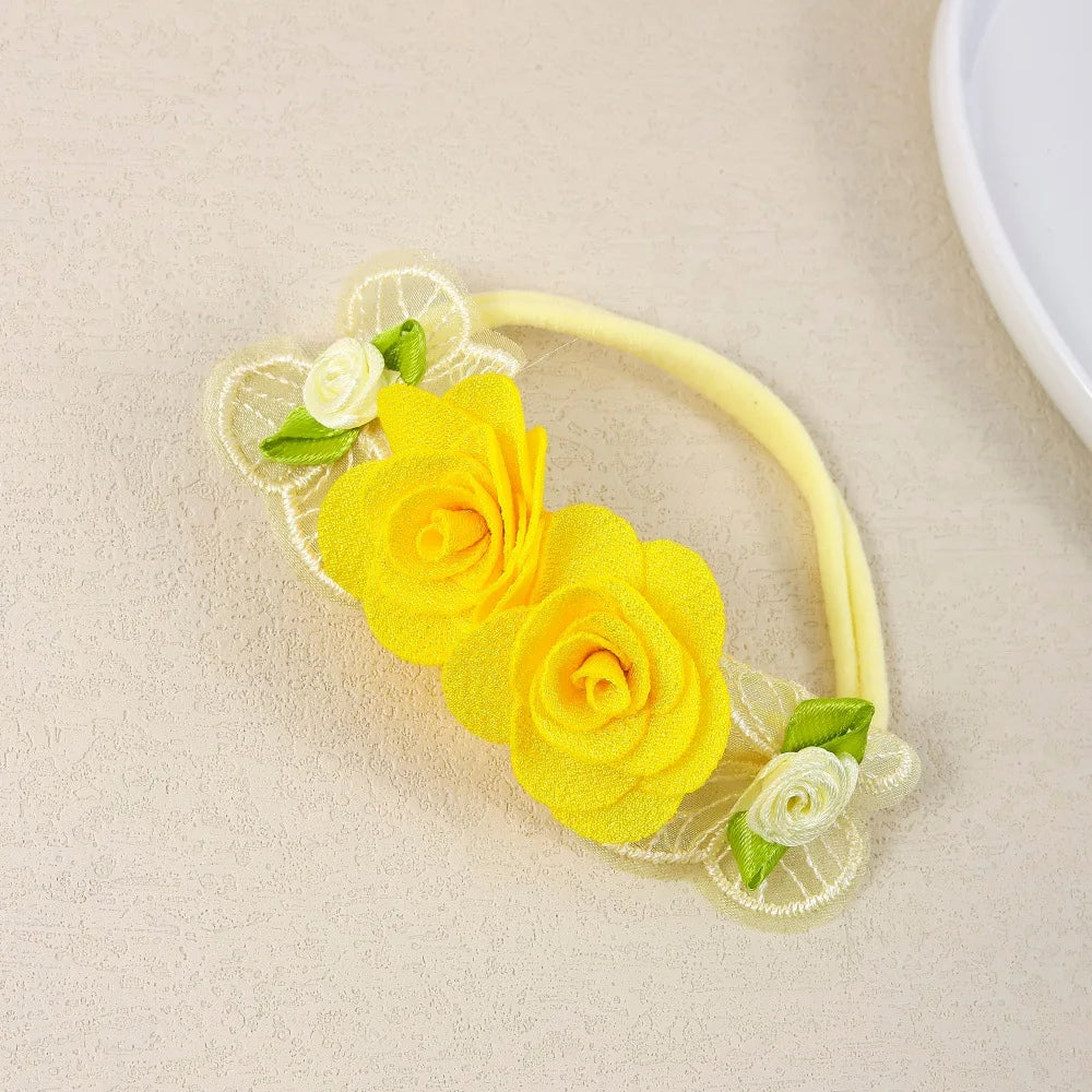 Flower Baby Headbands, 5-Piece Nylon Elastic Band Set with Layered Fabric Roses and Mesh Butterfly Accents for Supervised Outfit Photos