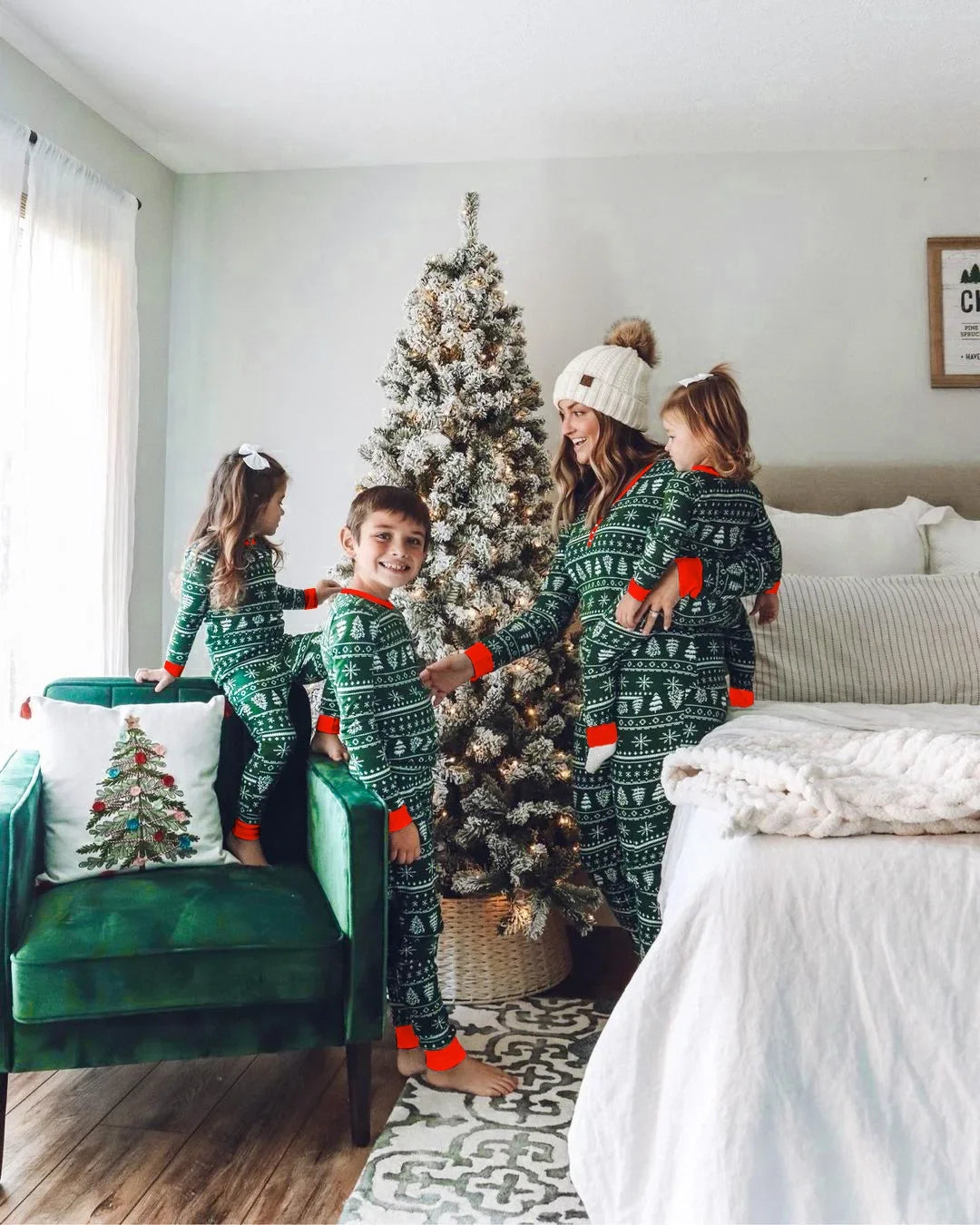 Matching Christmas Pajamas for Family, Festive Allover Print Mom Dad Kids Two-Piece Outfits and Baby Romper for Holiday Photos