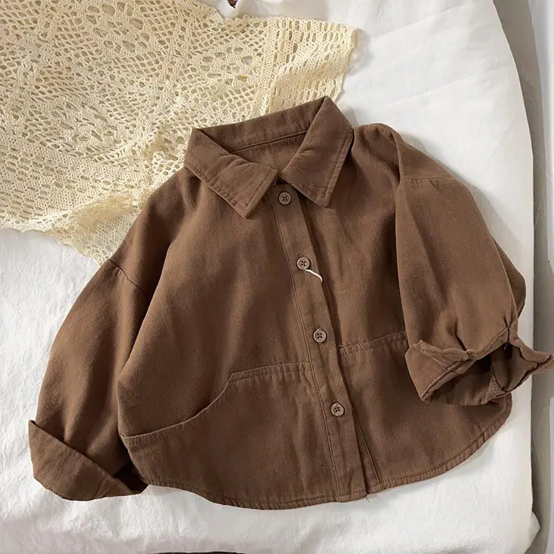 Baby and Toddler Collared Button-Up Shirt with Long Sleeves and Chest Pocket, Beige or Brown Unisex Casual Top for Spring and Fall Family Outfits