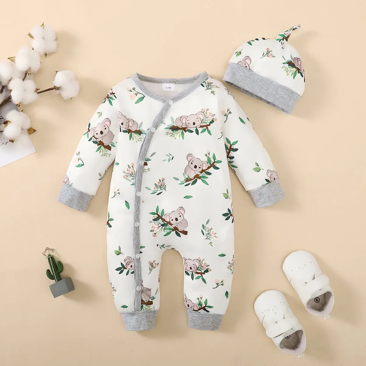 Bear Print Infant Romper with Long Sleeves and Front Fastenings, Contrast Trim and Footless Cuffs for Everyday Baby Outfits, Sizes 1-18 Months