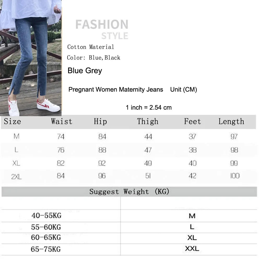 Maternity Denim Jeans with Over-Belly Panel, Blue Pregnancy Pants with Frayed Hem Styling, M-2XL Options for Everyday Casual Outfits