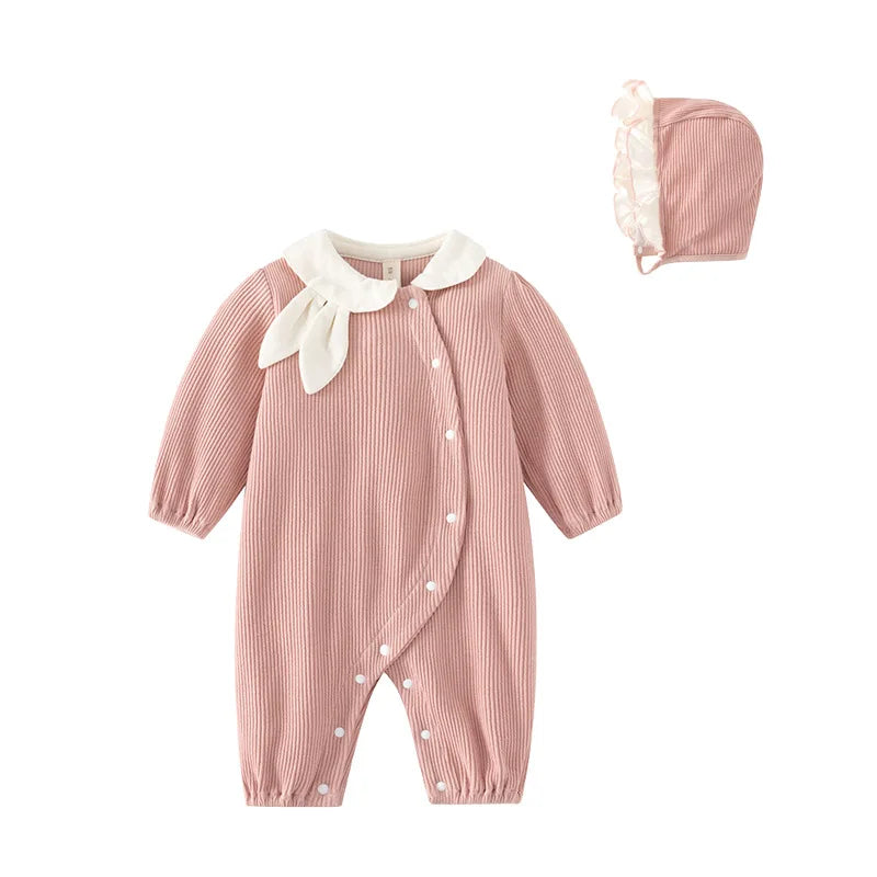 Baby Girl Jumpsuit and Hat Set with Ink-Style Print and Ruffled Yoke, Long Sleeve Cotton Outfit for Spring, Fall and Family Photos, Sizes 59-90