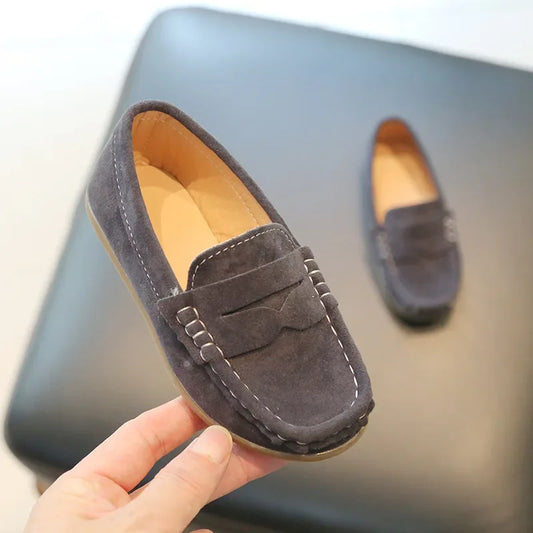 Boys Penny Loafers with Classic Slip-On Styling and Contrast Moccasin Stitching in Brown, Khaki or Dark Blue for School and Dressy Casual Outfits