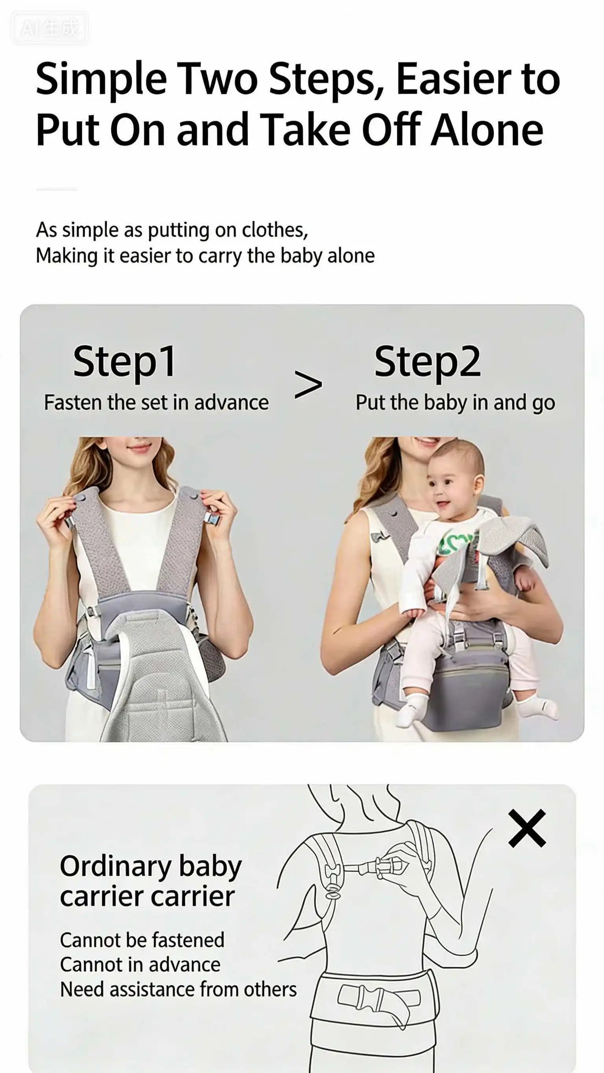 Front and Back Baby Carrier with Hip Seat, Adjustable Buckle Straps and Wide Waist Belt, Gray or Dark Blue Babywearing for Family Outings