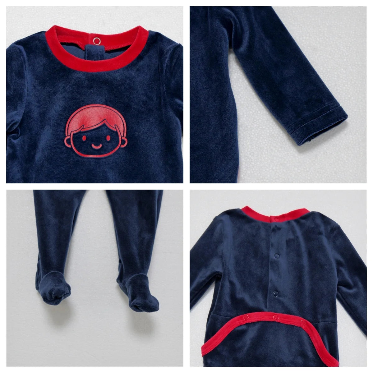 Kids Velour Pajamas with Printed Face Motifs, Red and Navy Long Sleeve Lounge Sets with Baby Footie and Teen Dress Options for Coordinated Outfits