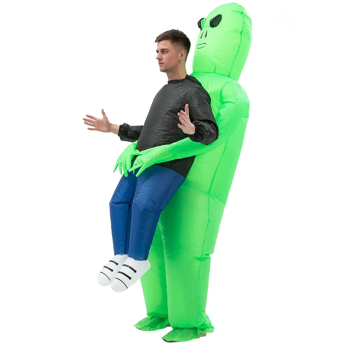 Carry-Me Alien Inflatable Costume for Kids and Adults, Green Abduction Illusion Suit with Fan and Battery Case for Halloween Parties and Stage Shows