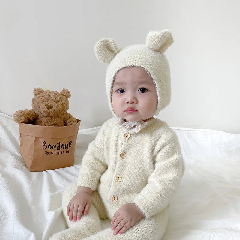 Plush Baby Footed Jumpsuit with Button Front, Bear-Inspired Autumn Winter One-Piece Outfit for Boys and Girls in Four Colors