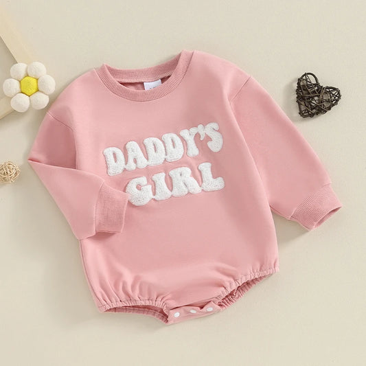 Daddy's Girl Baby Sweatshirt Romper with Letter Embroidery, Cotton-Blend Long Sleeve Crew Neck One-Piece Outfit for Spring and Fall, 3M-18M