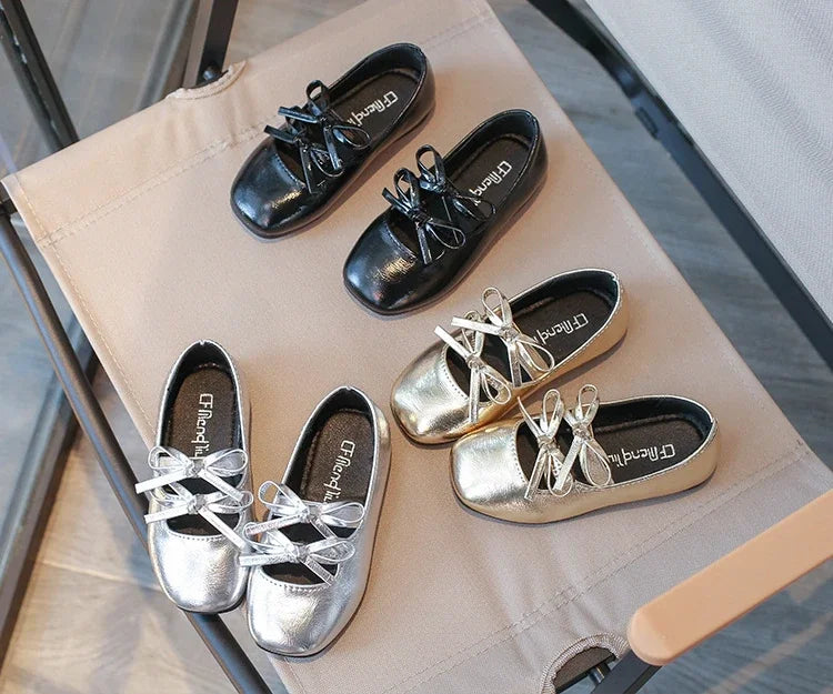 Girls Square-Toe Double-Bow Dress Flats with Cross-Strap Detail in Silver, Black or Gold for Party Outfits, Family Celebrations and Special Occasions