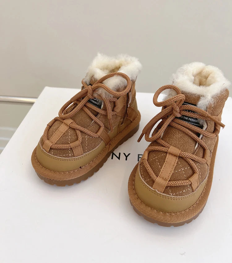 Plush-Lined Toddler Ankle Boots with Lace-Up Front and Side Zipper, Camel or Black Winter Shoes for Boys and Girls, Sizes 18-30