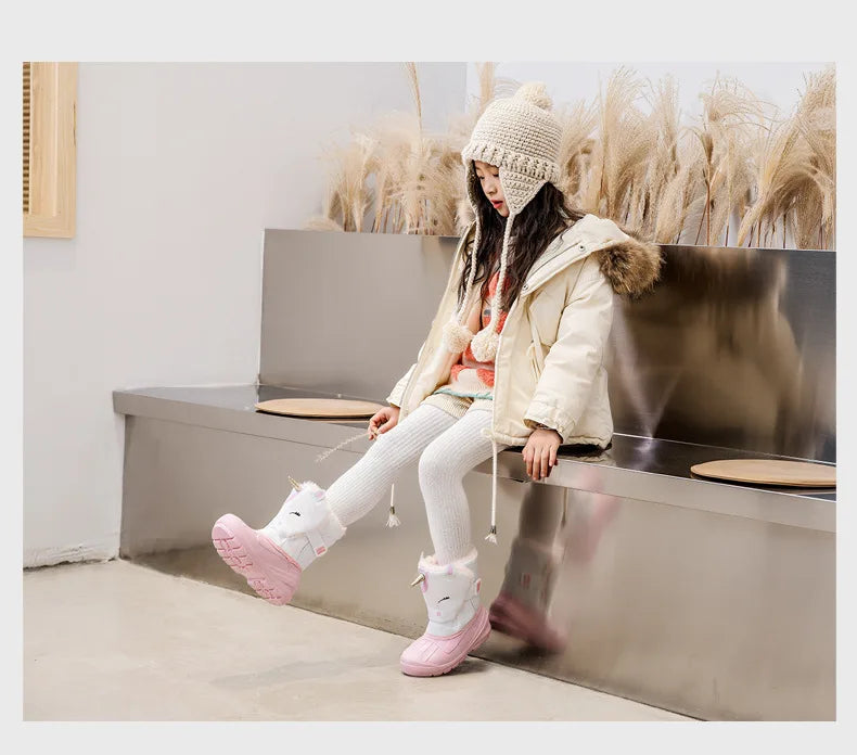 Kids Unicorn Winter Boots with Plush Trim, Gold-Tone Horn and Ear Details, Pink and White Fantasy-Themed Cold-Weather Footwear for Girls