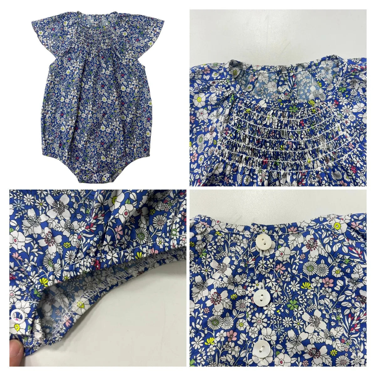 Blue Floral Sibling Outfits with Smocked Girls Dress and Baby Romper Options, Coordinating Boys Knit Tops, Polo and Shorts for Family Photos