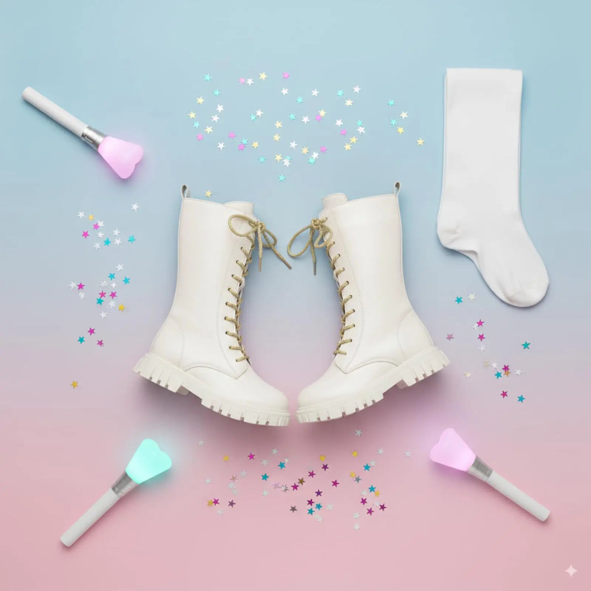 Girls White Lace-Up Boots with Side Zippers and Chunky Lug-Style Soles, Tall PU Fashion Footwear for Little and Big Kids, Sizes 27–37