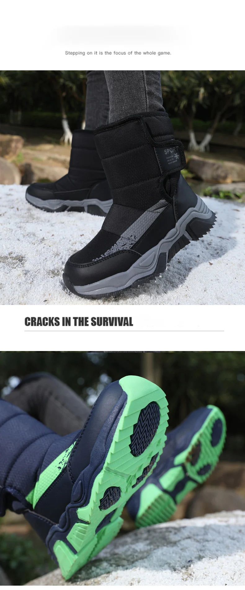 High-Top Kids Snow Boots with Hook-and-Loop Side Straps, Padded Shafts and Chunky Tread Soles for Winter Outings, Chinese Sizes 31-42