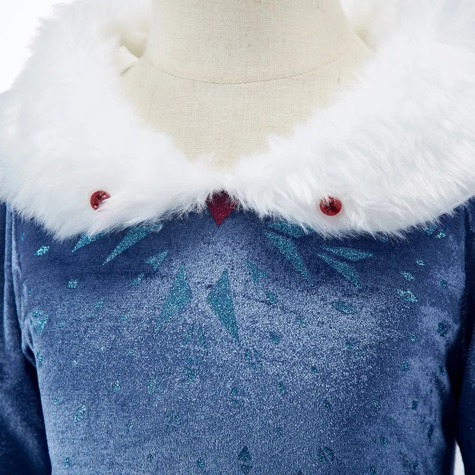 Girls Ice Princess Costume Dress with Long Sleeves, Fluffy Collar and Snowflake Cape, Blue Snow Queen Outfit for Birthdays and Halloween