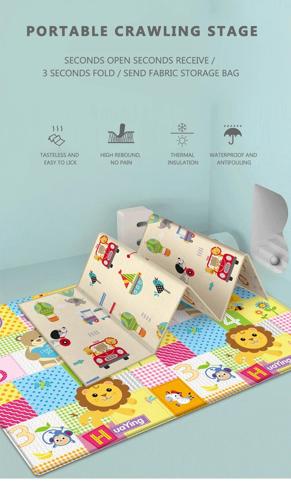Foldable Baby Activity Mat with Double-Sided Prints, LDPE Padded Wipe-Clean Floor Surface and Carry Bag for Supervised Tummy Time and Toddler Play