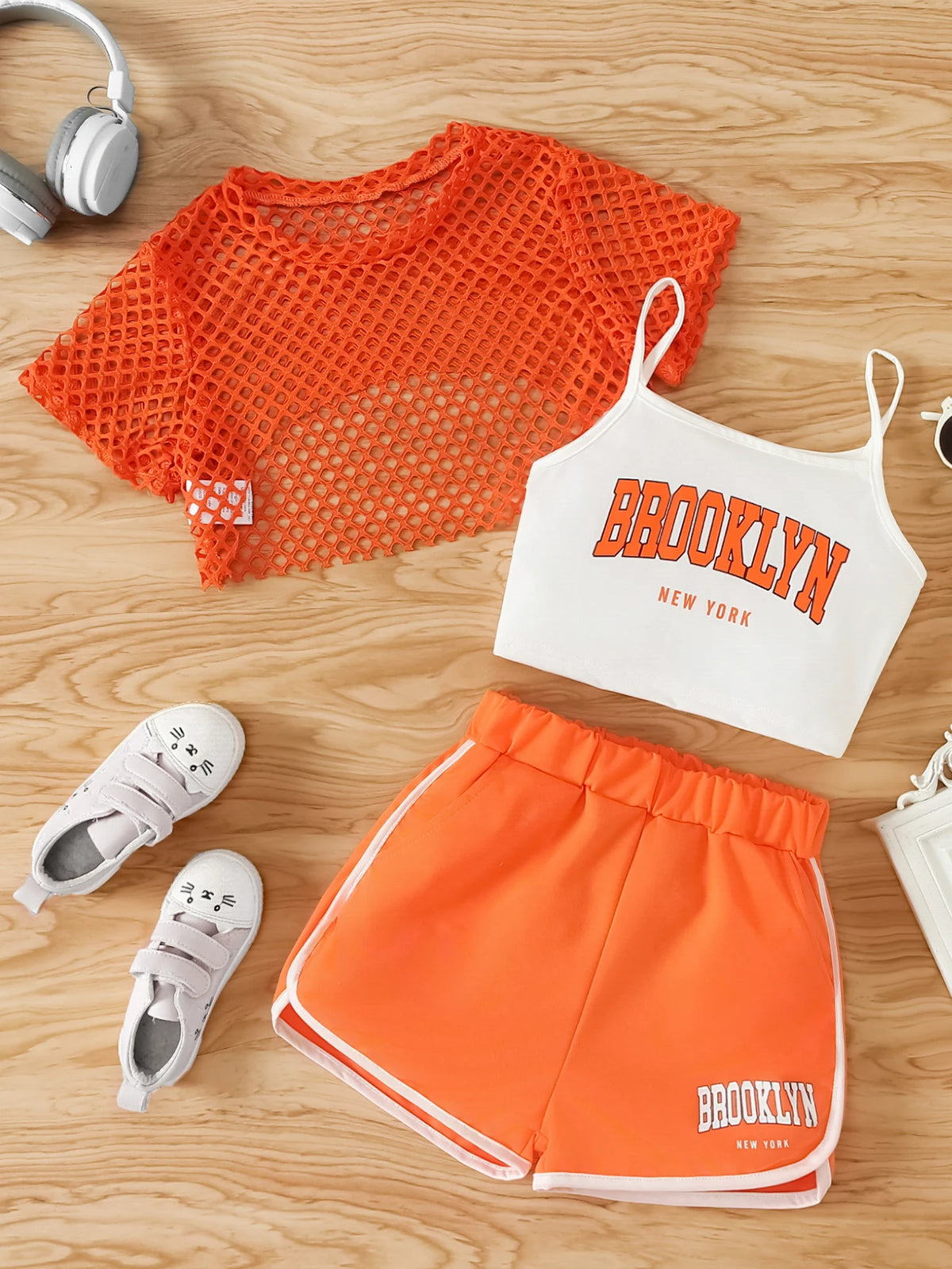 Girls Mesh Top and Shorts Outfit with Brooklyn Print Cami, Three-Piece Summer Set with Short Sleeves and Elastic Waist for Ages 8-12