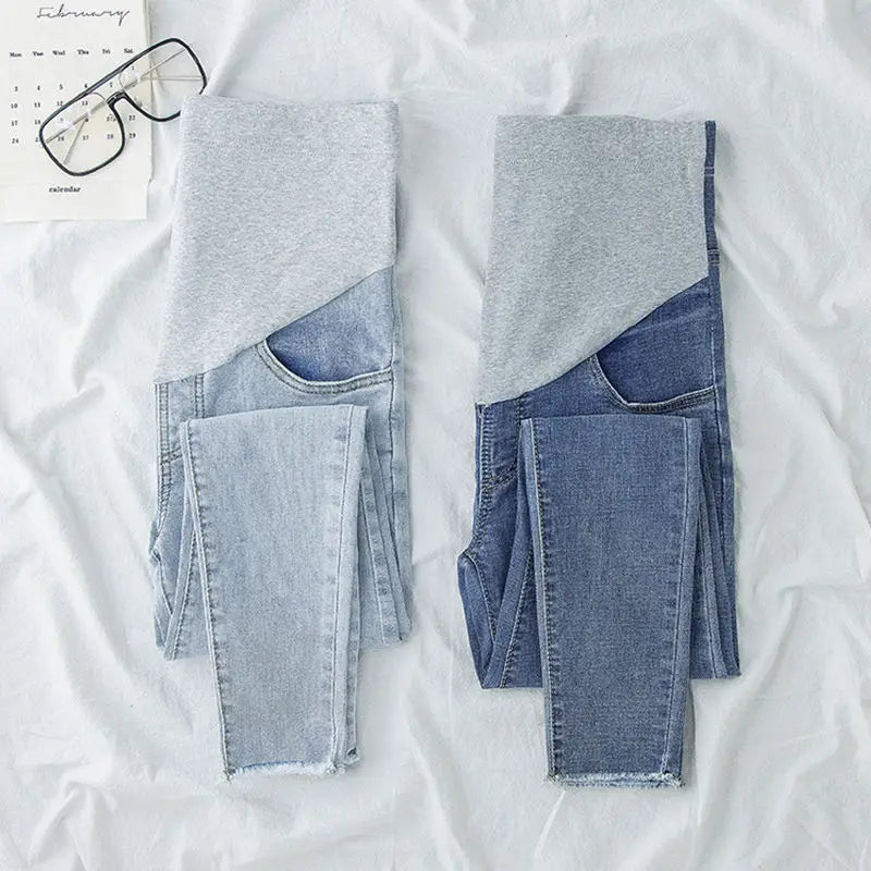 Maternity Denim Jeans with Over-Belly Panel, Blue Pregnancy Pants with Frayed Hem Styling, M-2XL Options for Everyday Casual Outfits