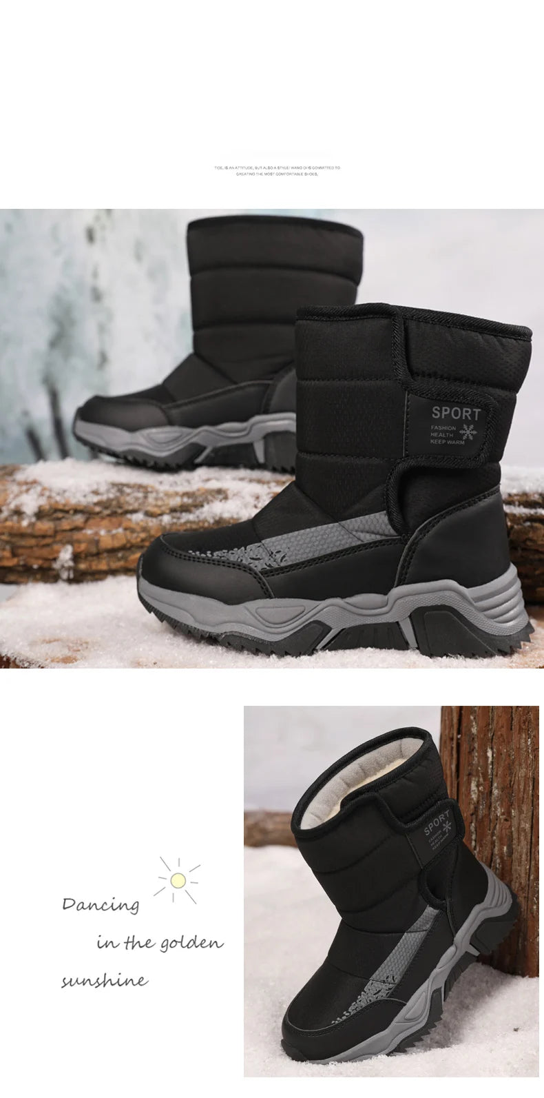 High-Top Kids Snow Boots with Hook-and-Loop Side Straps, Padded Shafts and Chunky Tread Soles for Winter Outings, Chinese Sizes 31-42