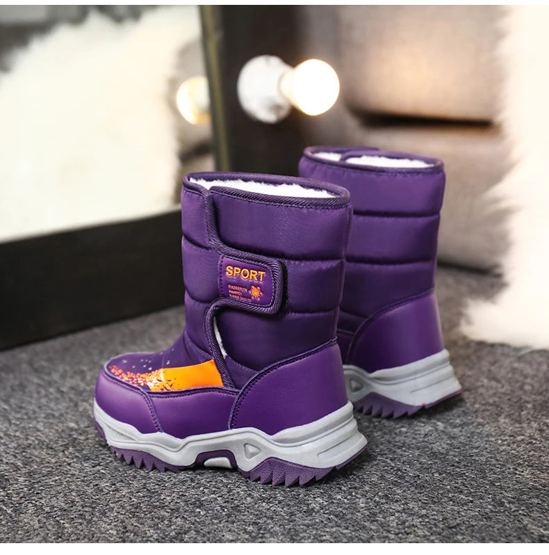 Kids Plush-Lined Winter Boots with Padded Shafts and Front Flap Closures, Pink or Purple Snow-Style Footwear for Boys and Girls