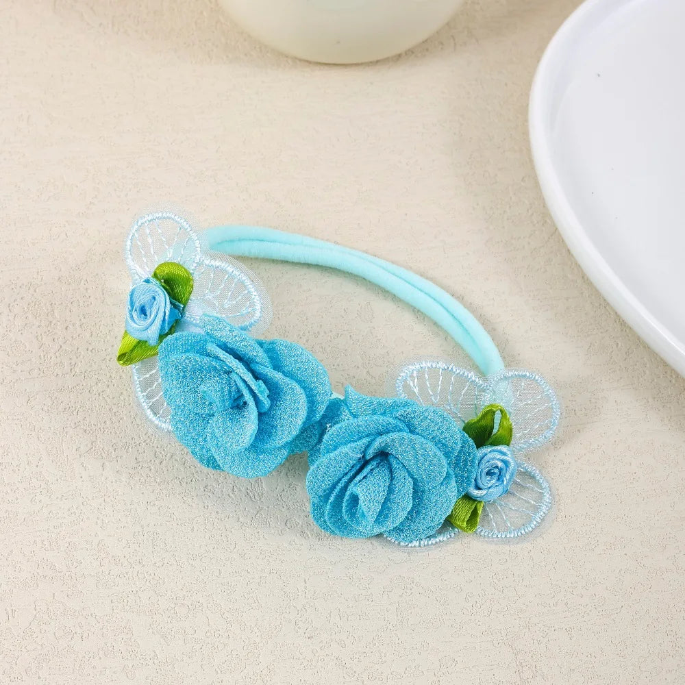 Flower Baby Headbands, 5-Piece Nylon Elastic Band Set with Layered Fabric Roses and Mesh Butterfly Accents for Supervised Outfit Photos
