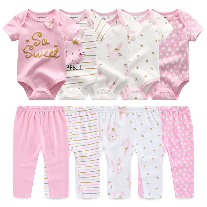 Baby Bodysuit and Pants Set, 10-Piece Kiddiezoom Infant Clothing Bundle with Short-Sleeve Tops for Boys and Girls, Sizes 3M-12M