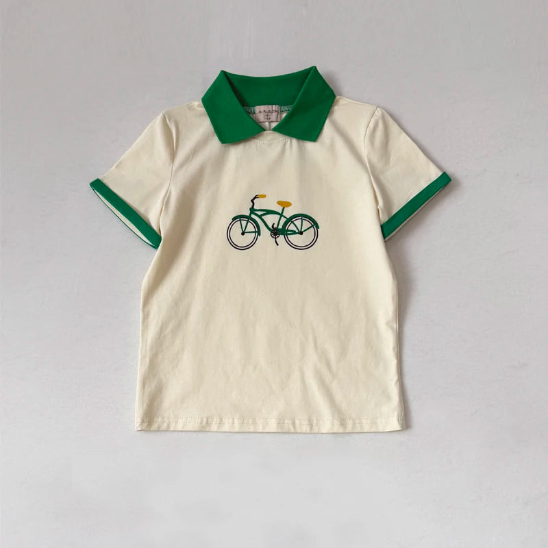 Bicycle Print Sibling Matching Outfits, Cream Girls Dresses and Tops with Red Skirts, Boys Green Shorts and Baby Rompers for Family Photos