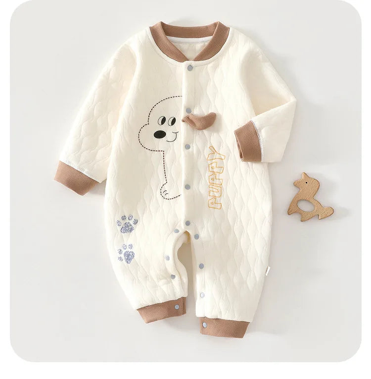 Quilted Baby Snap-Front Romper with Cartoon Dog or Dinosaur Details, Long Sleeve Footless Jumpsuit with Contrast Cuffs for Infant Everyday Outfits