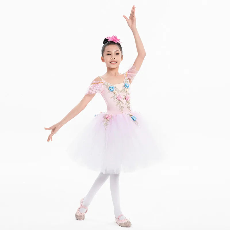 Floral Girls Ballet Tutu Dress with Ruffled Shoulders and Layered Skirt for Dance Recitals, Stage Performances and Group Costumes, Sizes 110-160