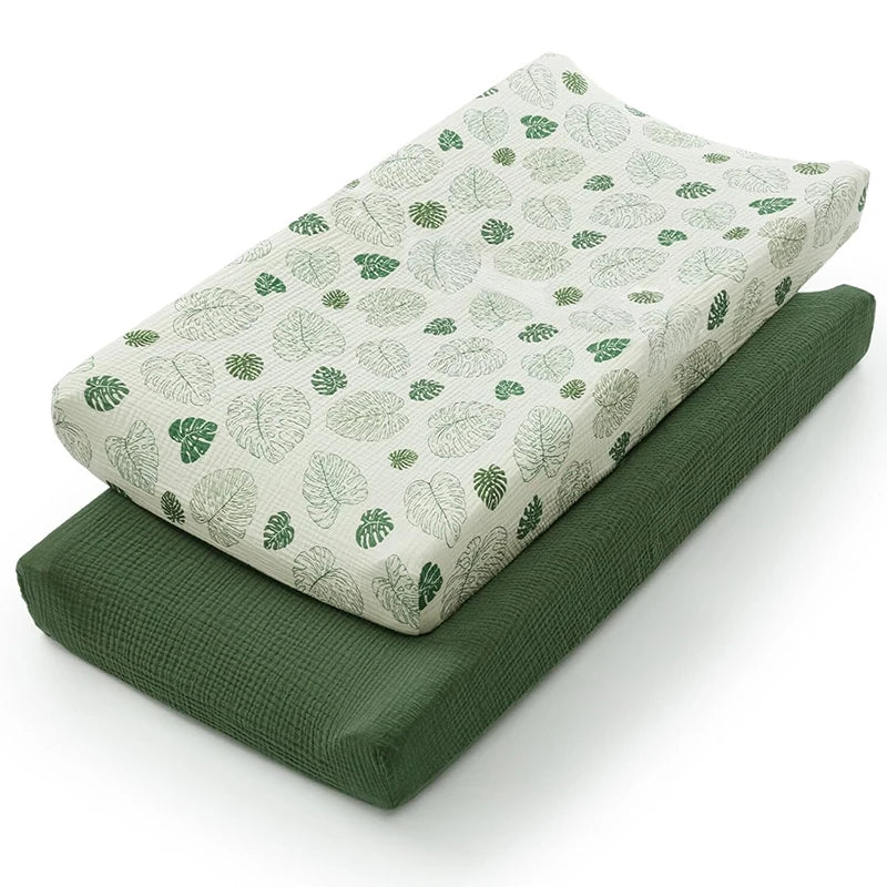 Muslin Cotton Changing Pad Covers 2-Pack with Elastic Edges, Double-Layer Baby Diaper Mat Covers for Newborn Nursery Care and Baby Shower Gifts