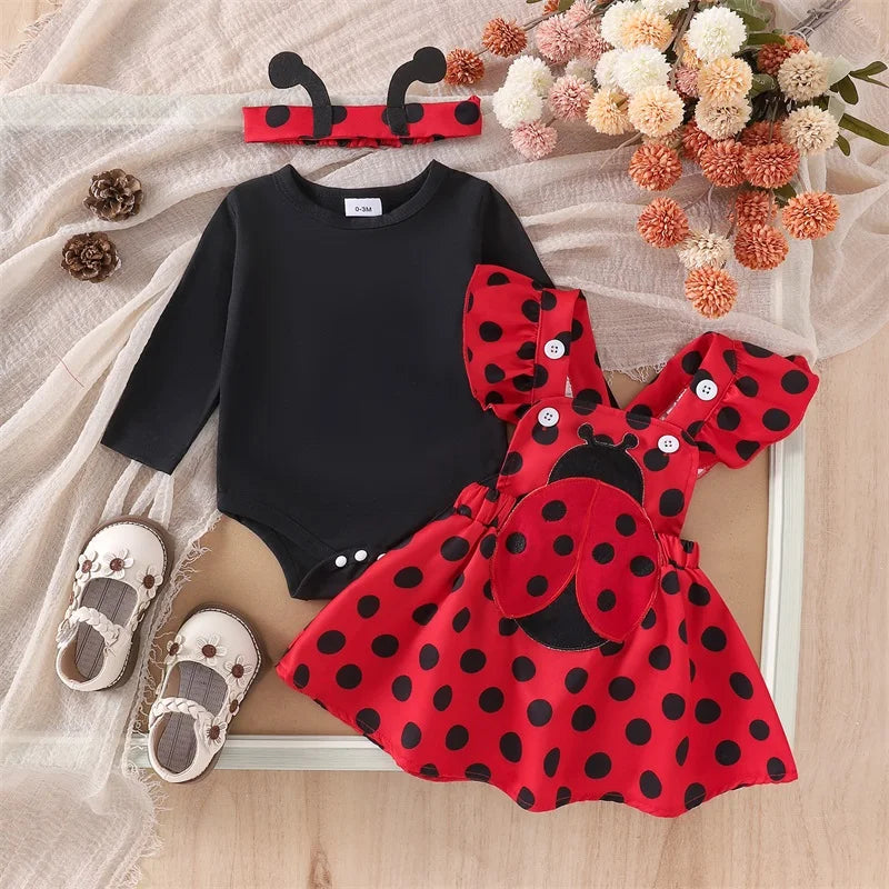Infant Girl Bee and Ladybug Dress Set with Long Sleeve Cotton Blend Romper, Embroidered Suspender Skirt and Matching Headband, 0-18 Months