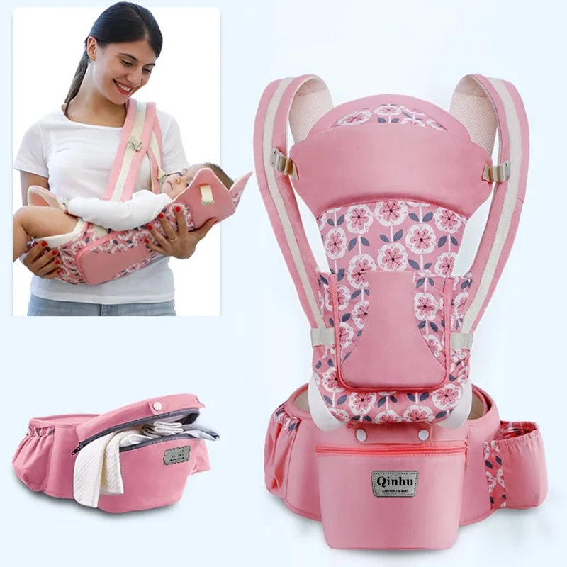 Hip Seat Baby Carrier with Padded Shoulder Straps, Wide Waist Belt and Zippered Storage Pocket, Babywearing Gear in Solid and Floral Color Options