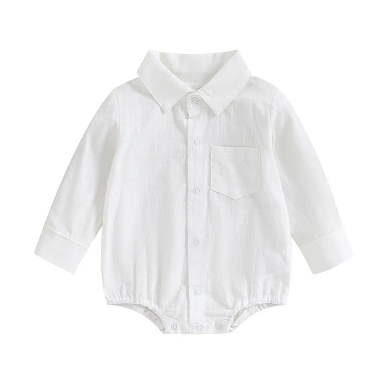 Baby Boy Collared Romper with Long Sleeves, Chest Pocket and Snap Front, Solid Color Cotton Blend Gentleman Outfit for Photos, 0-24 Months
