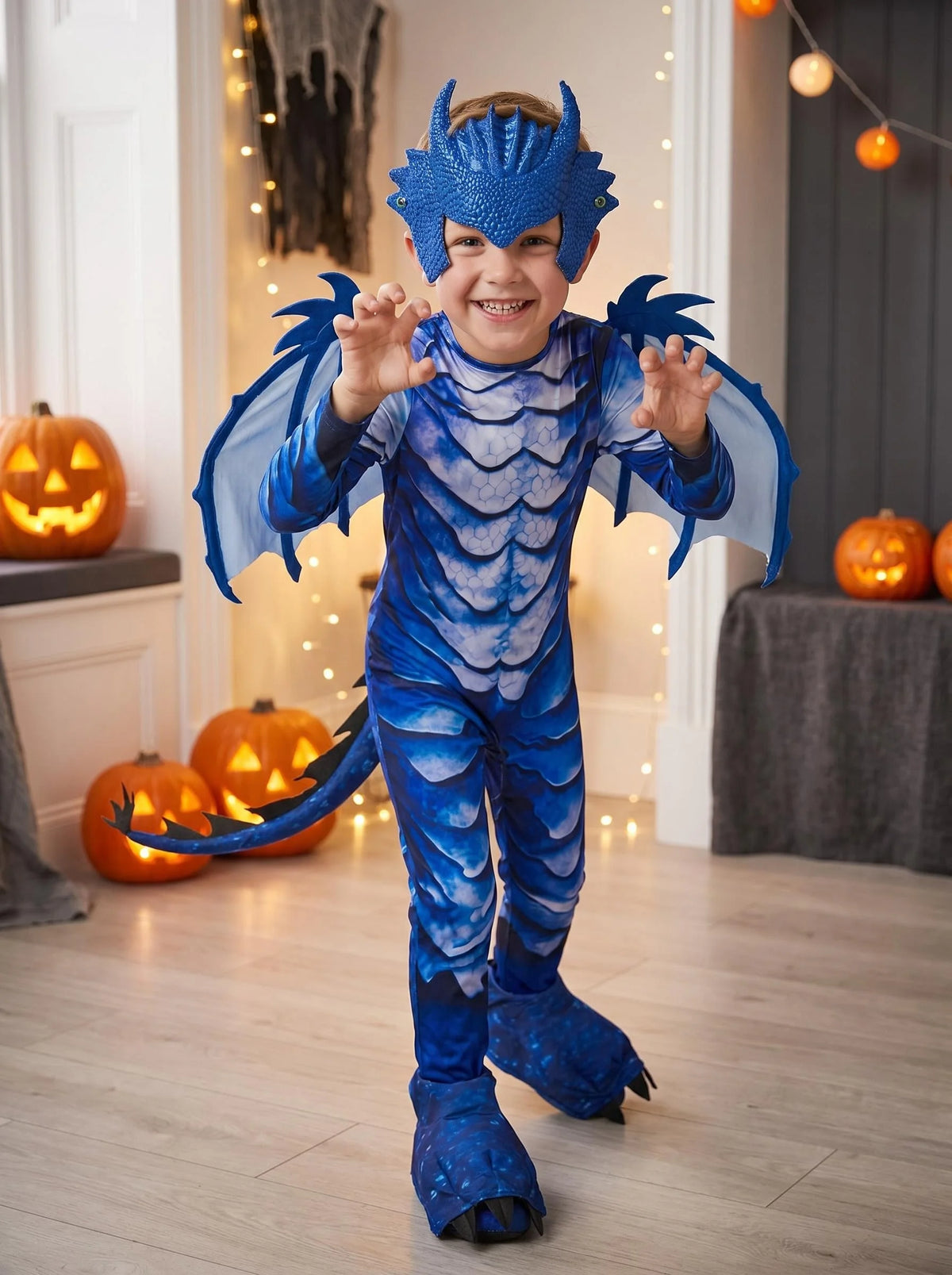 Blue Dragon Costume for Kids with Scale Print Jumpsuit, Wings, Padded Tail and Horned Mask for Halloween, Carnival and Fantasy Dress-Up