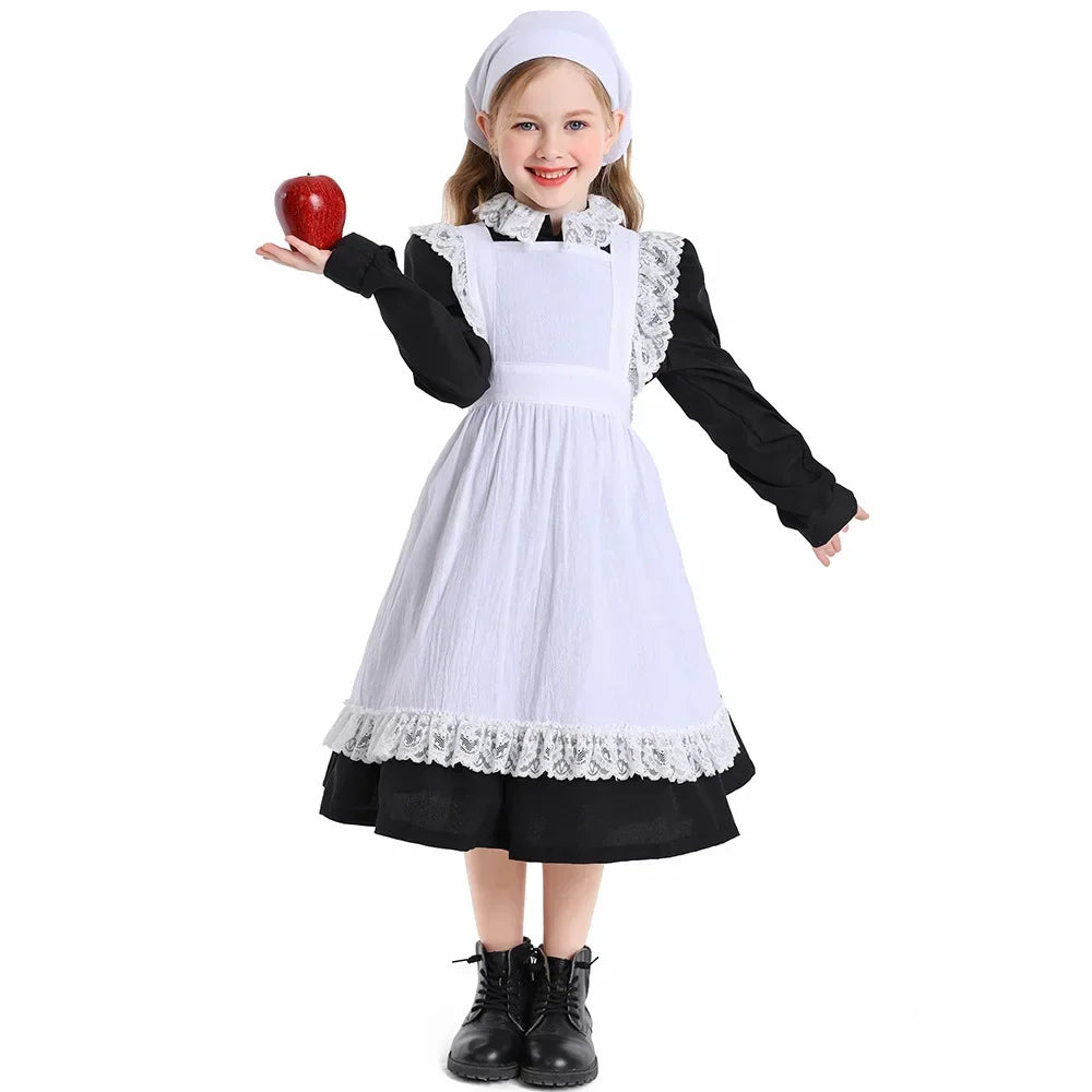Girls Pioneer Prairie Costume Dress with Apron and Bonnet Options for Colonial School Plays, Historical Dress-Up and Halloween Events