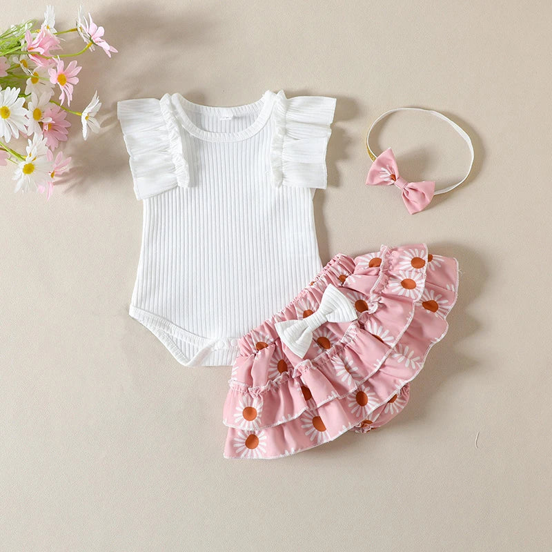 Infant Girls Summer Clothing Set with Ruffle Sleeve Ribbed Romper, Floral Bow Shorts and Matching Headband, 3-Piece Outfit for 0-24 Months