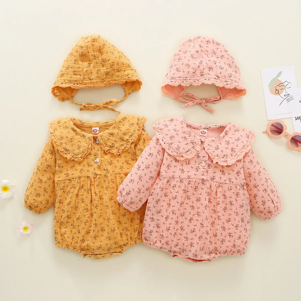 Baby Girl Floral Romper and Bonnet Set, Long Sleeve One-Piece Outfit with Decorative Collar and Snap Bottom for Infant Photos and Fall Outings