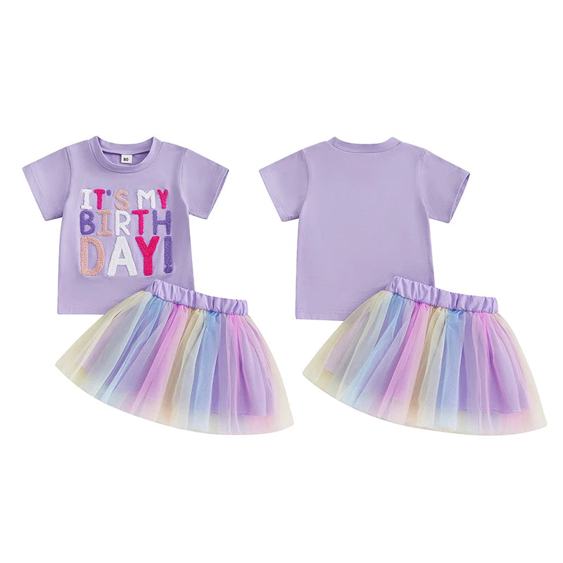Toddler Girl Birthday Outfit with Purple Embroidered Tee and Pastel Rainbow Tulle Skirt, Two-Piece Party and Photo Set, 12 Months-6 Years
