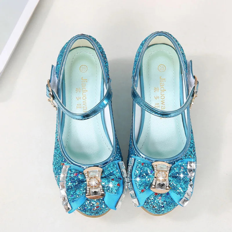 Bow-Accent Glitter Mary Jane Shoes for Girls with Buckled Strap and Block Heel, Sparkling Princess Dress Shoes for Parties and Weddings