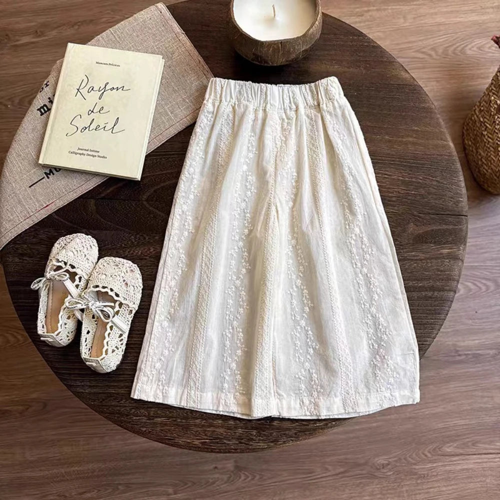 Girls Summer Top and Pants Set, Blue Short-Sleeve Lace Layered-Look Shirt with White Wide Leg Trousers for Family Photos and Outings, Sizes 2Y-7Y