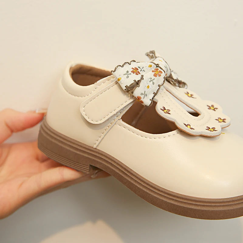 Girls Floral Bow T-Strap Shoes with Scalloped Flower Details and Round Toe, Black or Beige Dress Flats for School Outfits, Parties and Photos