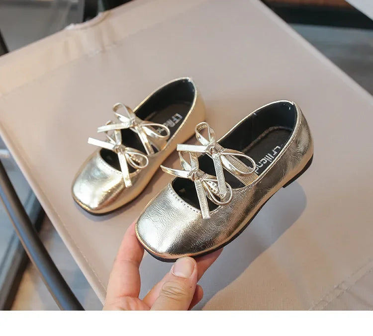 Girls Square-Toe Double-Bow Dress Flats with Cross-Strap Detail in Silver, Black or Gold for Party Outfits, Family Celebrations and Special Occasions