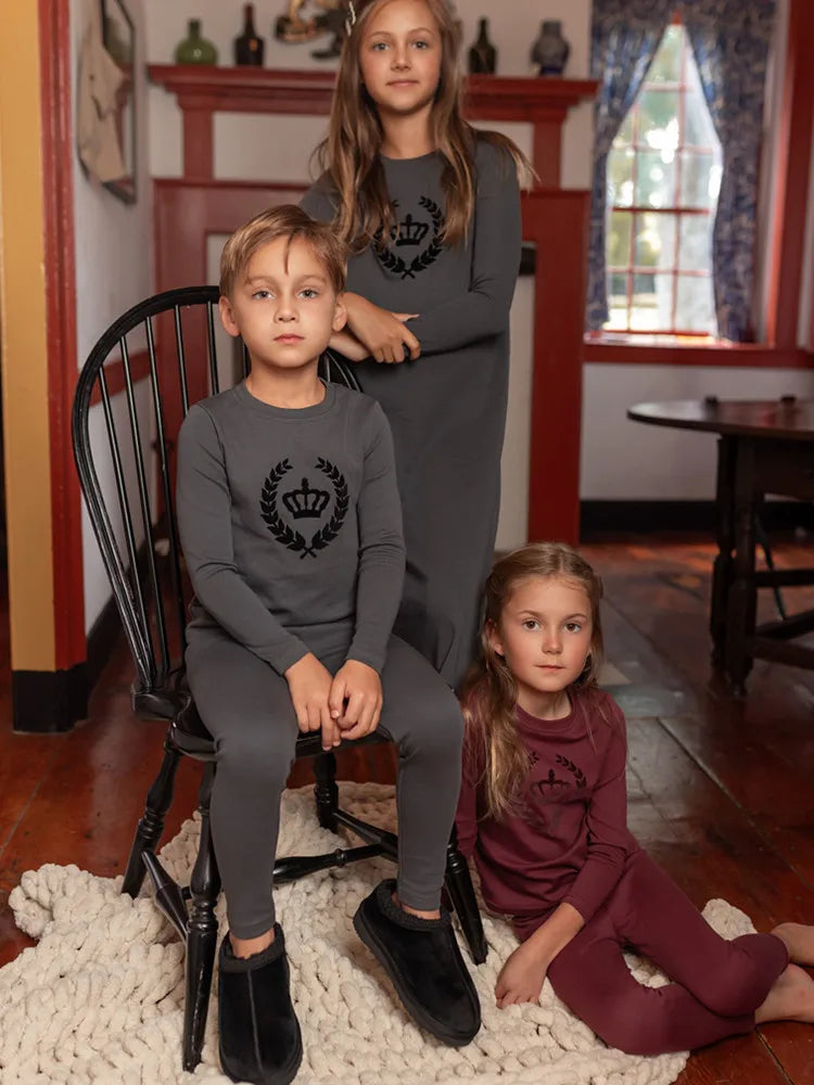 Royal Crown Kids Matching Outfits in Cotton Jersey with Velvet Crown Prints, Long-Sleeve Top and Pants or Dress Styles for Sibling Photos